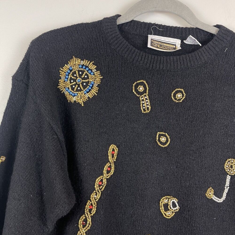 Vintage 90s Black‎ Silk Blend Sweater Multi-Color Beaded Anytime Glitz Small - Picture 3 of 9